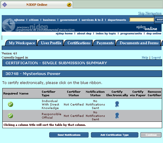 NJDEP Online permit certification page