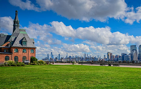 Central Railroad of New Jersey Train Station in Liberty State Park NJ with view of New York City Manhattan Skyline