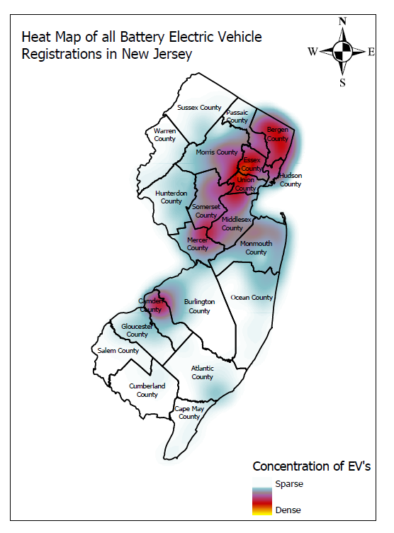 Heat map of all battery electric vehicle registrations in New Jersey