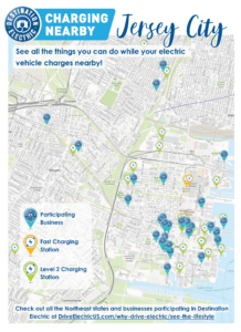 Map of participating businesses, fast charging stations, and level 2 charging stations in Jersey City