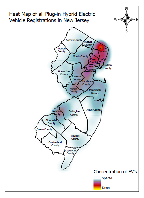 Heat map of all plug-in hybrid electric vehicle registrations in New Jersey