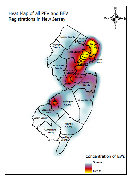 Heat map of all PEV and BEV registrations in New Jersey