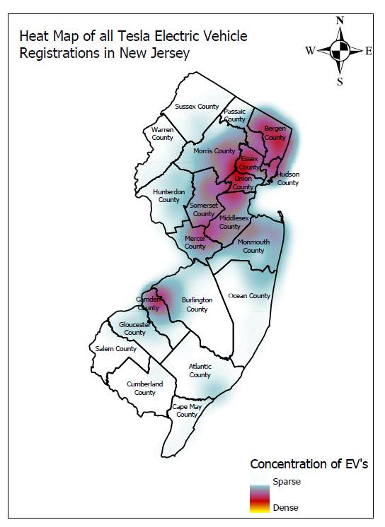 Heat map of all Tesla electric vehicle registrations in New Jersey
