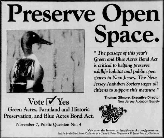 Newspaper ads encouraged New Jersey voters to support a Green Acres bond question in 1995, which included the creation of the Blue Acres program.