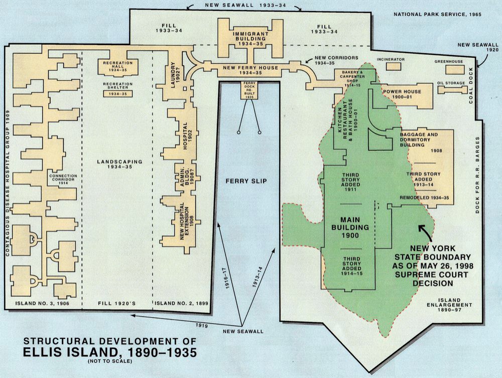 A map of Ellis Island delineates the boundaries decided by the Supreme Court in 1998.