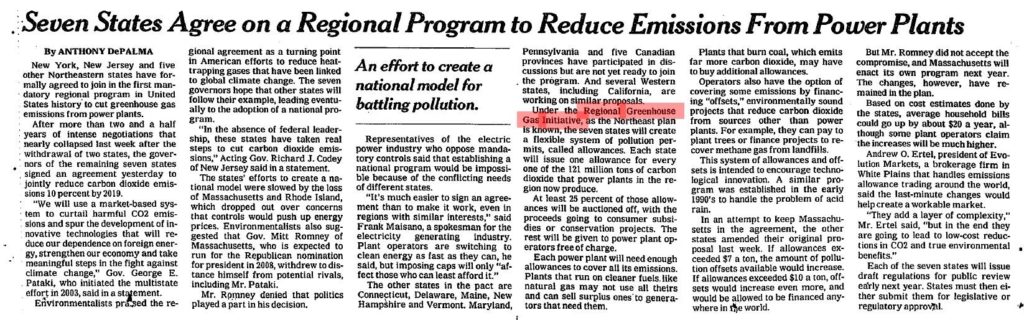 This article on the creation of the Regional Greenhouse Gas Initiative appeared on Dec. 21, 2005, in the New York Times.