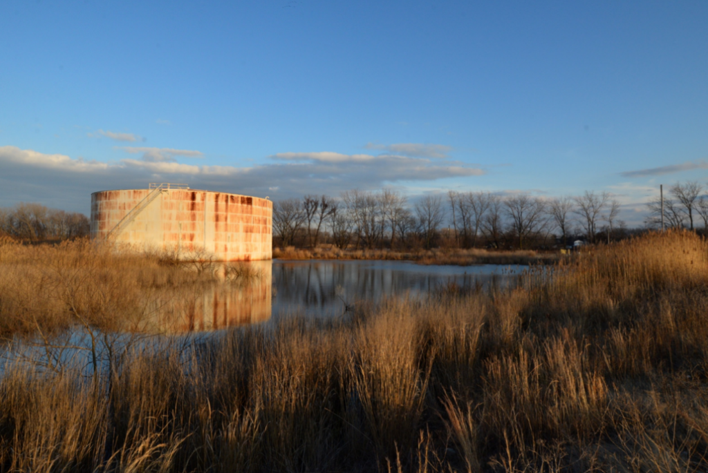 A rusting oil tank once situated on Petty’s Island.