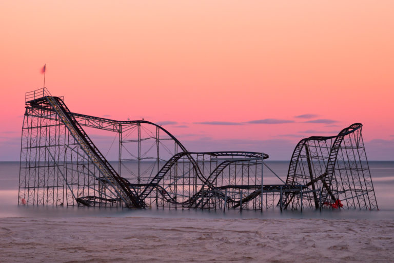 The remains of the Jet Star roller coaster sit in the ocean after Hurricane Sandy swept through Seaside Heights and destroyed the boardwalk.