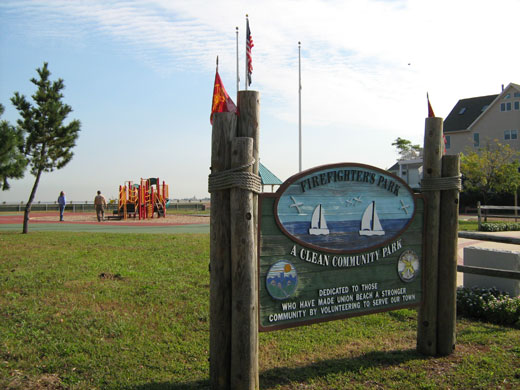 Photo of welcome sign to Firefighters Park on Raritan Bay in Union Beach, NJ. The park was improved with Green Acres.
