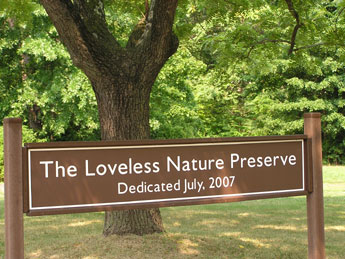 Welcome sign at entrance to Loveless Nature Preserve