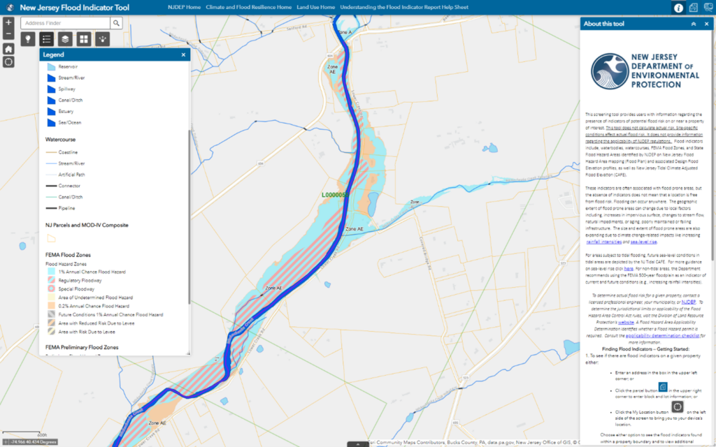 Screenshot of New Jersey’s Flood Indicator Tool Mapper