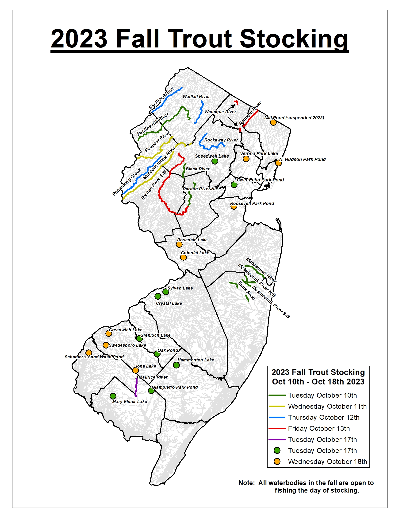 NJDEP Fish & Wildlife 2023 Fall Trout Stocking Schedule